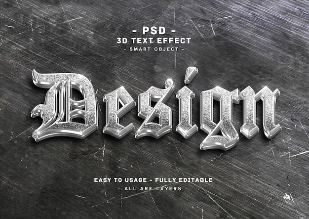 PSD conception d'effet de texte argenté style d'éclat 3d