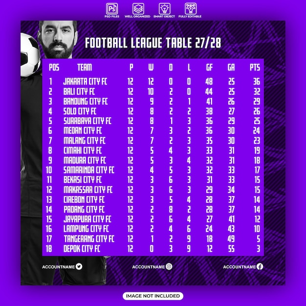 Conception De Flux Instagram De Médias Sociaux De Table De Ligue De Football