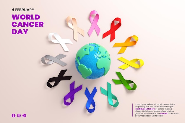 PSD conception de fond de flyer de la journée mondiale contre le cancer avec des rubans colorés entourant la terre
