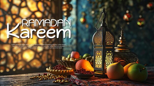 PSD conception de fond ramadan kareem avec décoration islamique et fruits