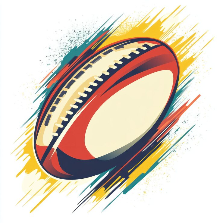 PSD conception graphique de ballon de rugby avec un fond abstrait coloré dynamique