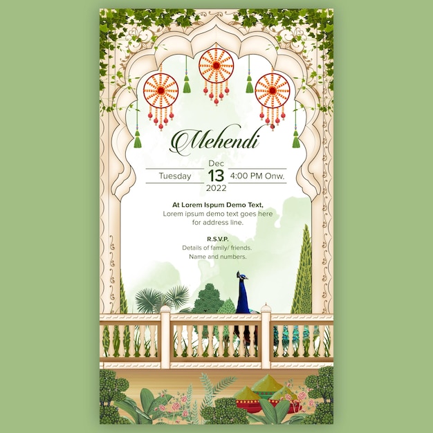 PSD conception d'invitation de mariage indien mehendi avec arbre moghol indien et pendants à fleurs