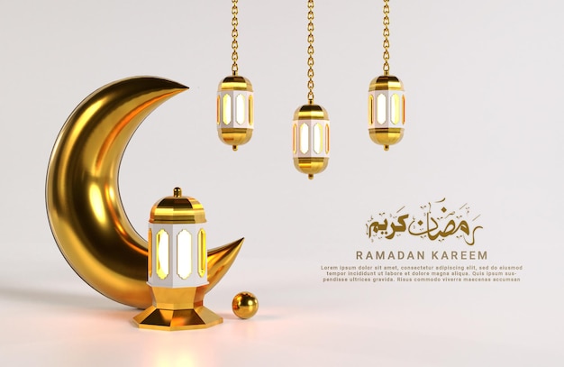 Conception islamique du ramadan kareem avec des lanternes arabes en croissant de lune debout et suspendues réalistes 3d