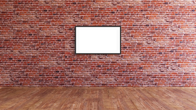 PSD conception de maquette de cadre horizontal sur une salle intérieure de mur de briques rouges pour présenter des impressions et des photos.