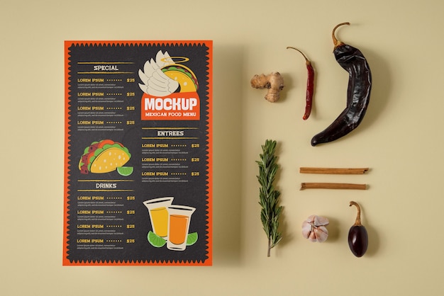 PSD conception de maquette de menu de restaurant de cuisine mexicaine traditionnelle