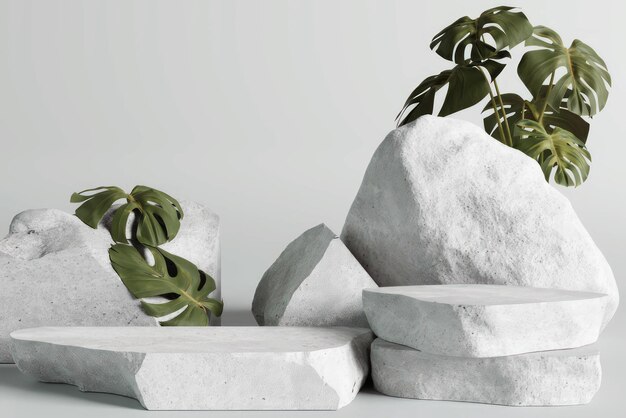 Conception et maquette de podium 3D pour un ensemble de billes blanches avec une plante sur le dessus