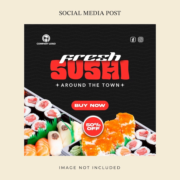 PSD conception de médias sociaux de sushi carré frais et savoureux