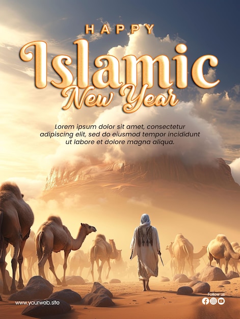 PSD conception de modèle d'affiche de voeux joyeux nouvel an islamique avec fond de chameau dans le désert et la mosquée