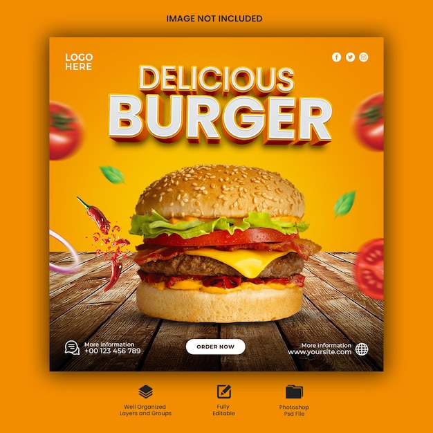 PSD conception de modèle de bannière carrée de publication de médias sociaux de publicité instagram burger