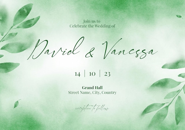 Conception de modèle de carte d'invitation de mariage floral vert