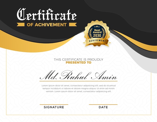 PSD conception de modèle de certificat de réussite en dégradé d'or moderne et élégant avec badge