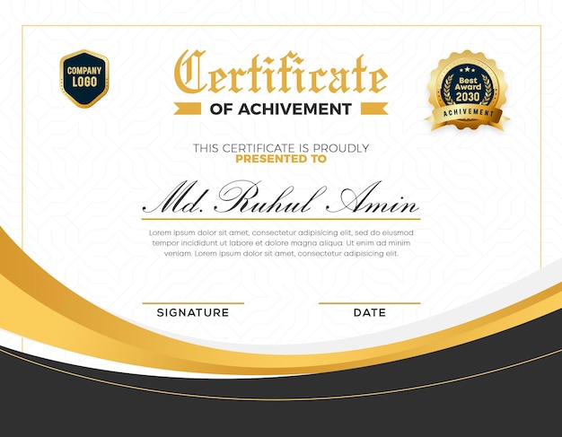 Conception de modèle de certificat de réussite en dégradé d'or moderne et élégant avec badge