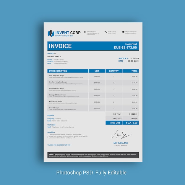 PSD conception de modèle de facture d'entreprise