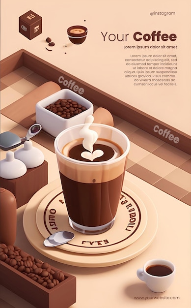 Conception de modèle de flyer avec illustration 3d du thème Coffee Shop