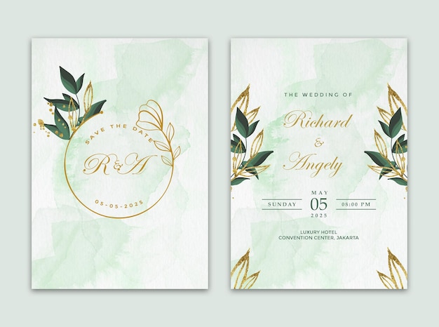 Conception De Modèle D'invitation De Mariage Double Face Avec Des Feuilles Vertes Et Des Ornements Dorés De Fleurs