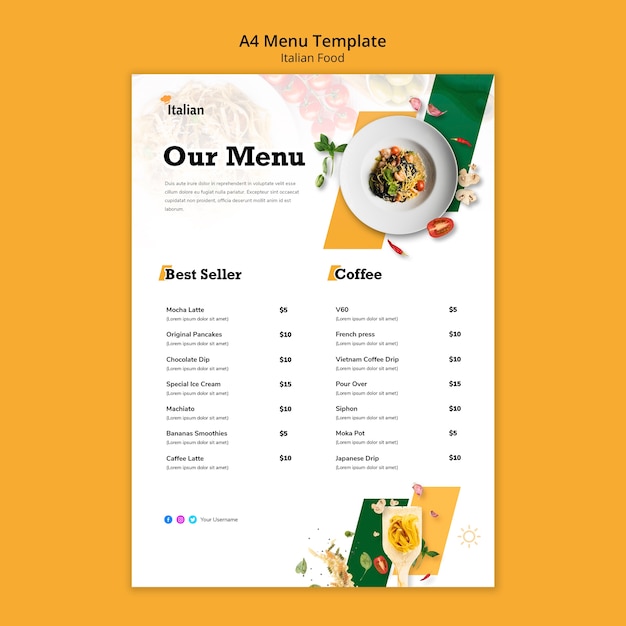 PSD conception de modèle de menu de cuisine italienne