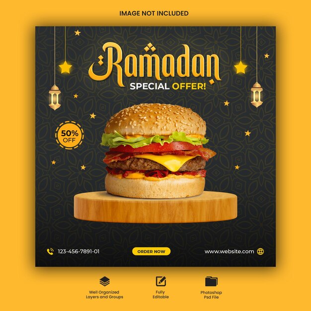 PSD conception de modèle de publication sur les médias sociaux du menu alimentaire instagram du burger du ramadan