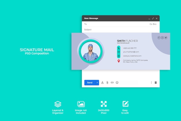 PSD conception de modèle de signature d'e-mail de concept créatif ou pied de page d'e-mail et couverture personnelle des médias sociaux
