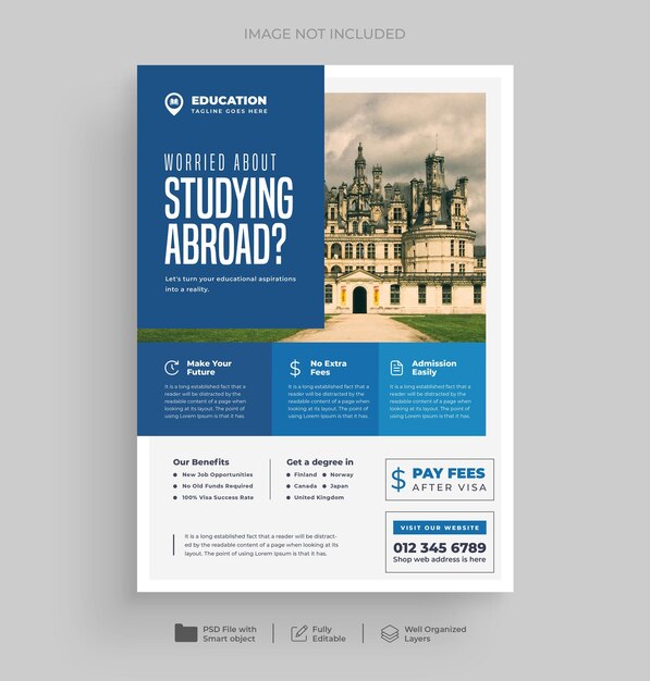 PSD conception de modèles de prospectus d'études à l'étranger et d'admission à l'université ou de visa d'étudiant