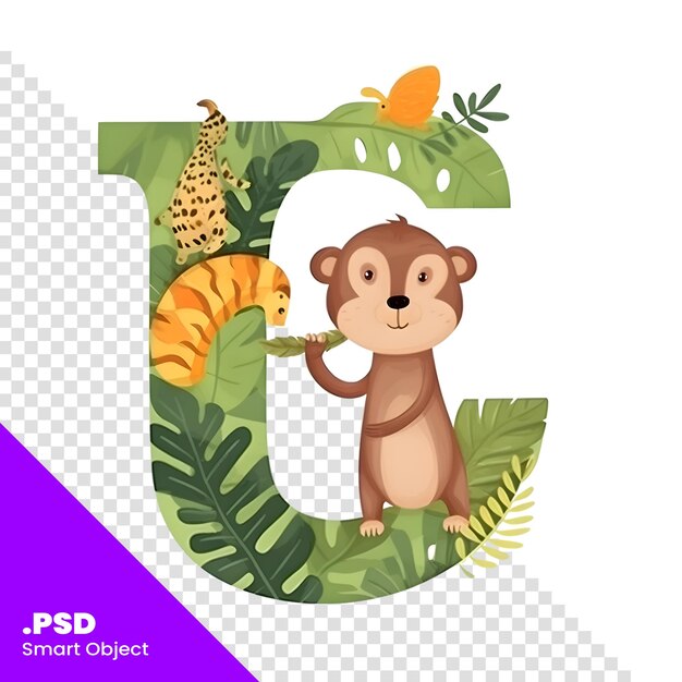 PSD conception de police pour la lettre j avec un mignon singe modèle psd d'illustration vectorielle