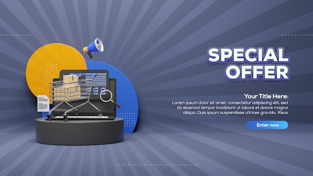 PSD conception de poste d'offre spéciale de vente en ligne avec rendu 3d