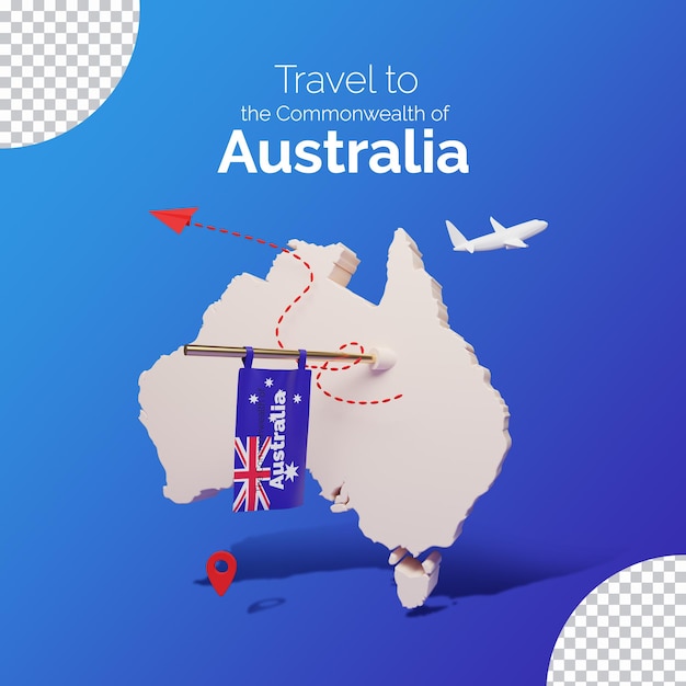 PSD conception de poste de voyage de drapeau et de carte de l'australie 3d