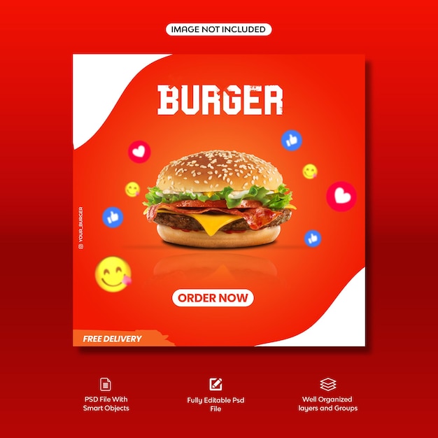 PSD conception de publication de médias sociaux burger pour instagram ou facebook