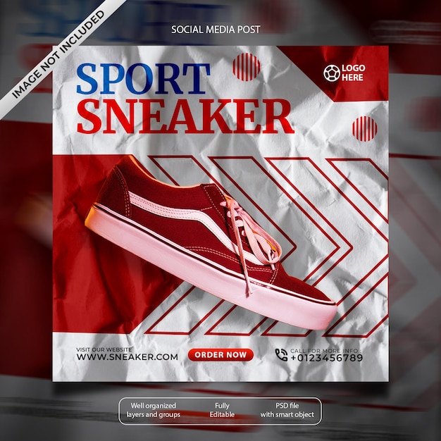 PSD conception de publication sur les réseaux sociaux de baskets rouges plates avec texture de papier