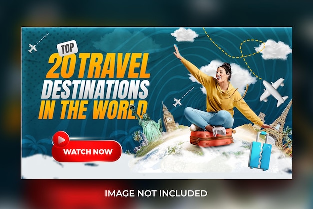 PSD conception de vignette youtube d'agence de voyages et modèle de bannière web