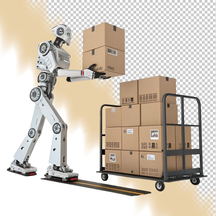 PSD concepto de almacén automático brazo robótico coloca cajas de cartón en el camión de paletas rendering 3d