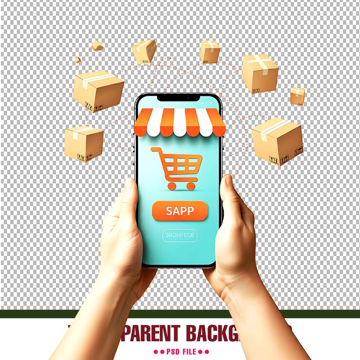 PSD concepto de aplicación de compras en línea con cajas de cartón 3d flotando sobre un fondo transparente