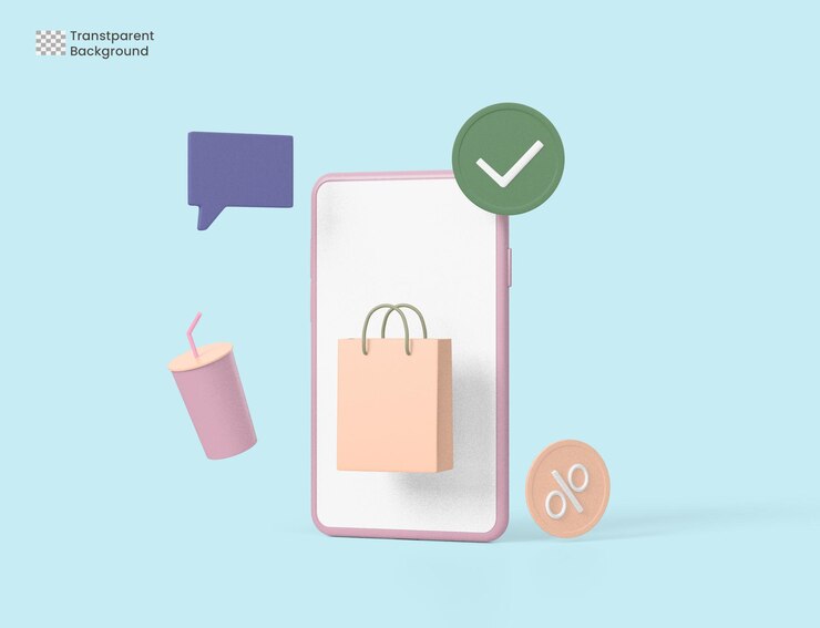PSD concepto para una aplicación de compras en línea, comercio electrónico, compras de teléfonos inteligentes e íconos de promoción.