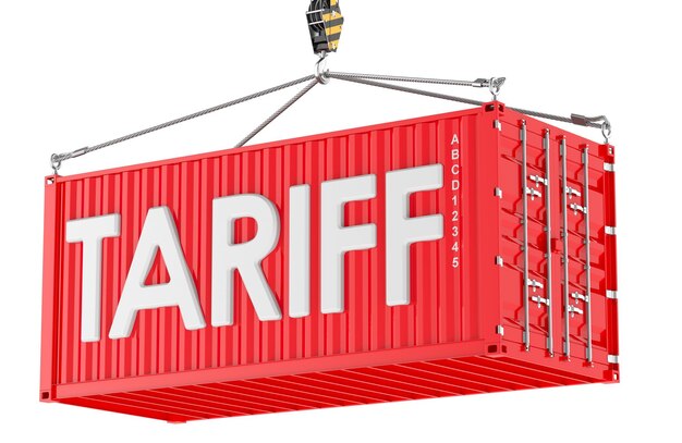 Concepto de aranceles comerciales Contenedor de carga con representación 3D del texto TARIFF