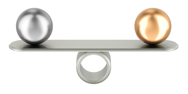 PSD concepto de balanza con bolas de oro y plata renderización 3d aislada en un fondo transparente