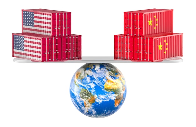 El concepto de la balanza comercial de Estados Unidos y China en 3D aislado en un fondo transparente