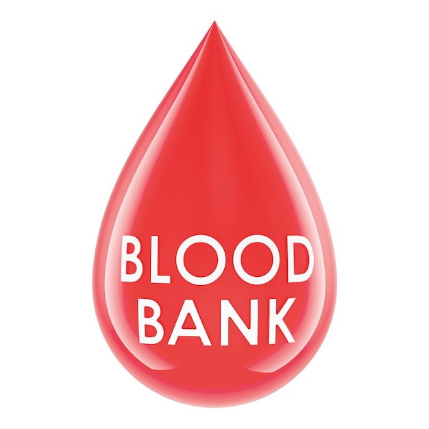 Concepto de banco de sangre Gotas de sangre con texto de banco de sangue renderización 3D aislado en fondo transparente