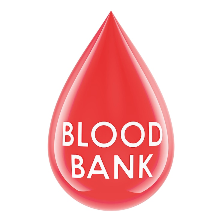 PSD concepto de banco de sangre gotas de sangre con texto de banco de sangue renderización 3d aislado en fondo transparente