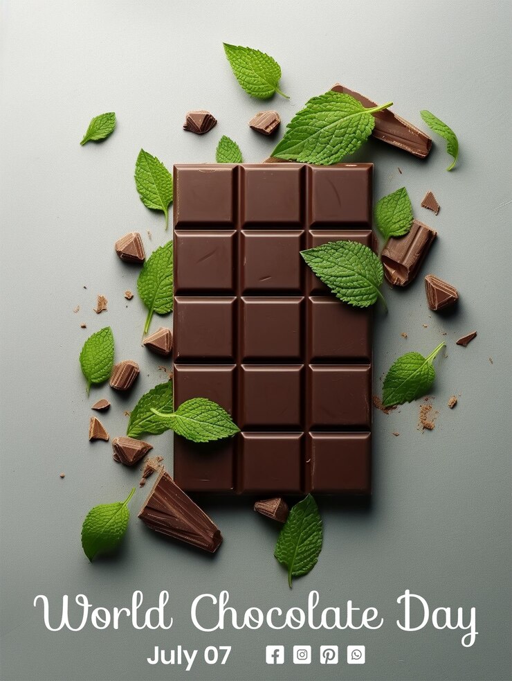 PSD el concepto de las barras de chocolate del día mundial del chocolate con decoración de hojas en azulejos de fondo de textura
