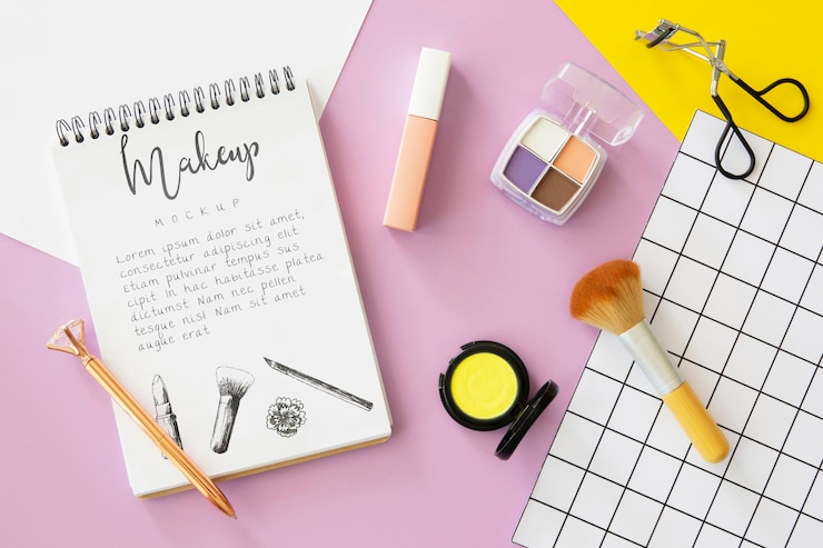 PSD concepto de belleza con productos de maquillaje.