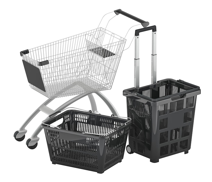 PSD concepto de black friday cesta de compras rodante y cesta de compras de plástico renderizado en 3d en color negro aislado sobre un fondo transparente