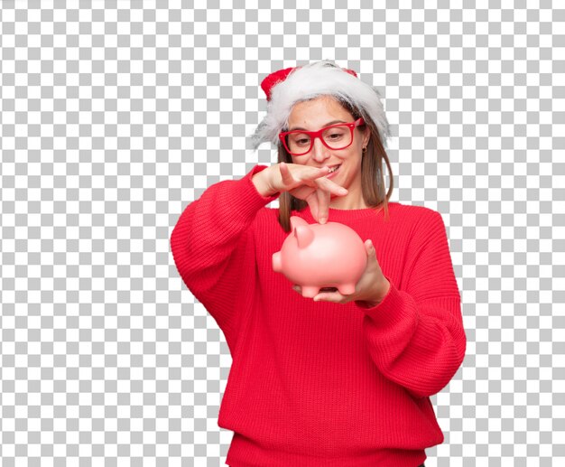 Concepto bonito joven de la navidad de la mujer. fondo editable