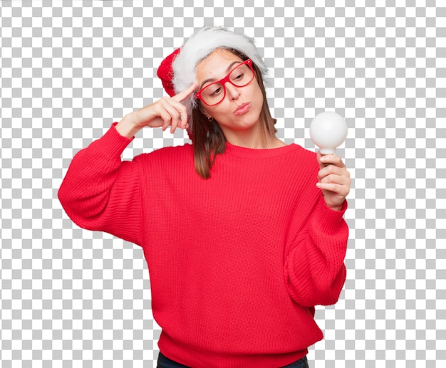 Concepto bonito joven de la navidad de la mujer. fondo editable