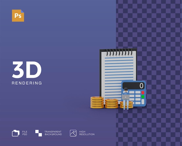 PSD concepto de cálculo empresarial 3d con ilustración de personaje de empresario