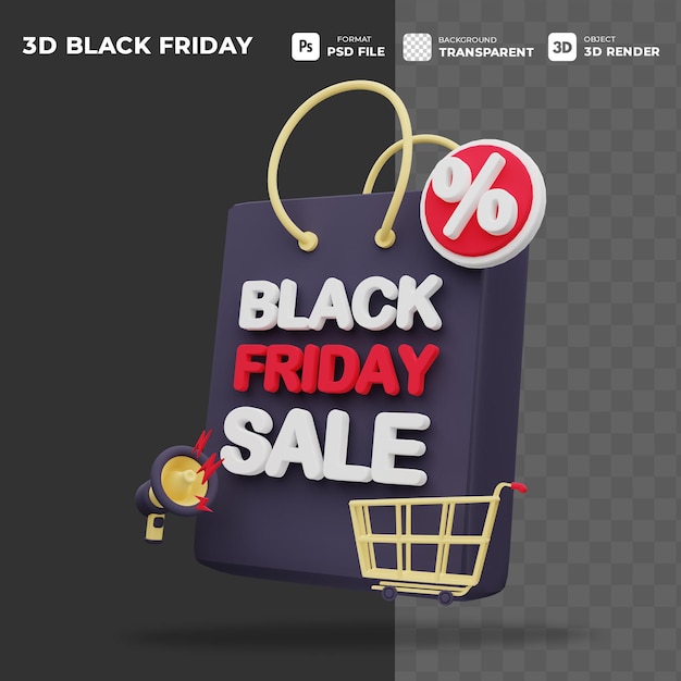 CONCEPTO DE CARRITO DE COMPRA 3D NEGRO VIERNES PARA PROMOCIÓN EN LÍNEA