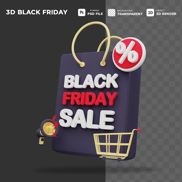 Concepto de carrito de compra 3d negro viernes para promoción en línea