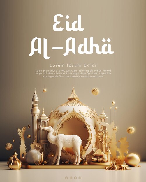 PSD concepto de cartel de eid al adha con fondo de cabra y mezquita