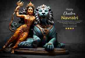 PSD el concepto de chaitra navratri de la diosa durga con una escultura de león en un fondo de textura negra
