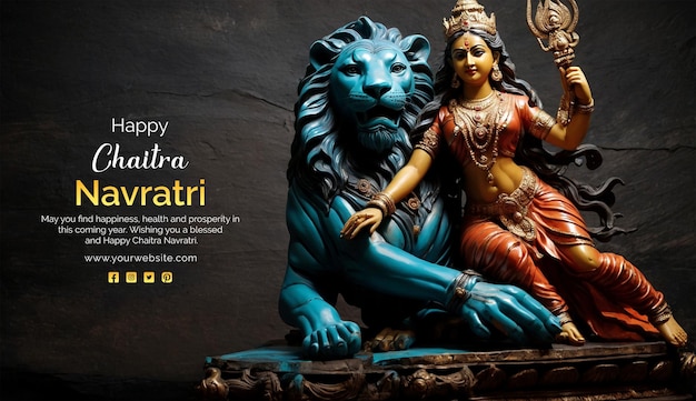 PSD el concepto de chaitra navratri de la diosa durga con una escultura de león en un fondo de textura negra