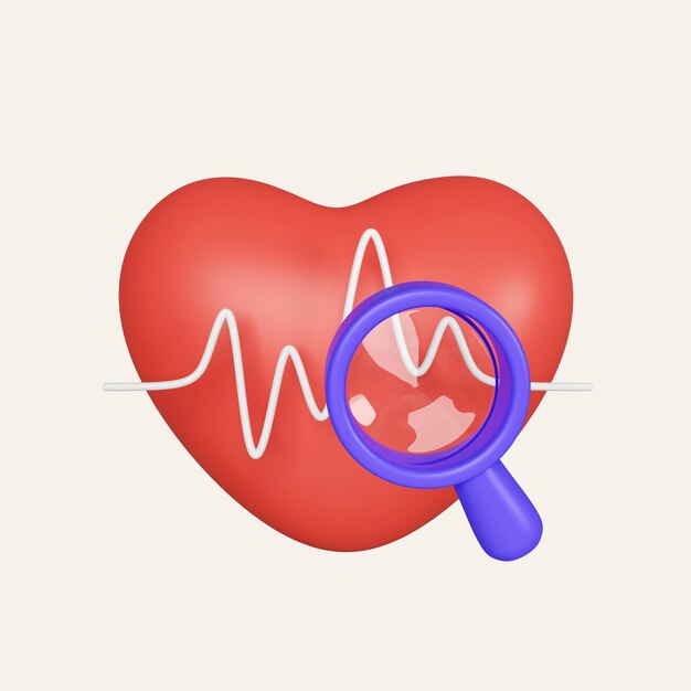 Concepto de chequeo de salud anual 3d concepto de seguro de salud corazón con una onda cardíaca y icono de lupa aislado en fondo blanco ilustración de renderización 3d camino de recorte