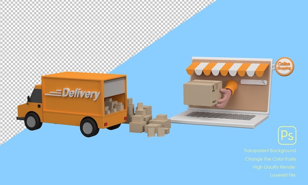 Concepto de comercio electrónico 3D Compras en línea y servicio de entrega en aplicaciones informáticas